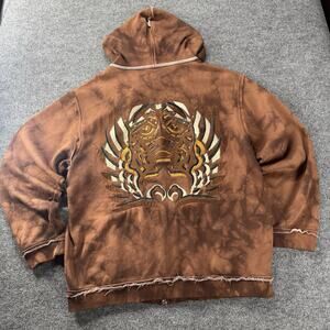 VTG Miskeen Originals Brown Tie-Dye Embroidered Art Zip Hoodie Streetwear Jacket